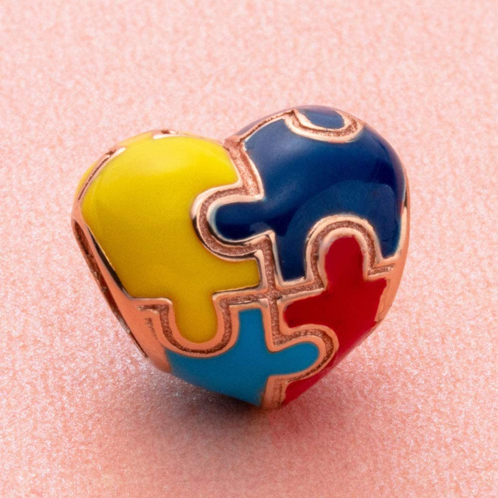 Autism Awareness Charm, Rose Gold Puzzle Pieces Charms, Fits DIY Snake Bracelet, 925 925 Sterling Silver Heart Beads Colorful Enamel Charms, Love Gifts for Women/Men/Girls/Boys Apparel & Accessories > Jewelry > Bracelets XIWEN   