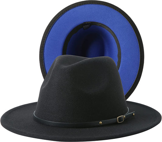 JOYEBUY Women Lady Two Tone Wide Brim Panama Hat Patchwork Colors Classic Fedora Hat with Belt Buckle Apparel & Accessories > Clothing Accessories > Hats JOYEBUY Black/Royal Blue One Size 