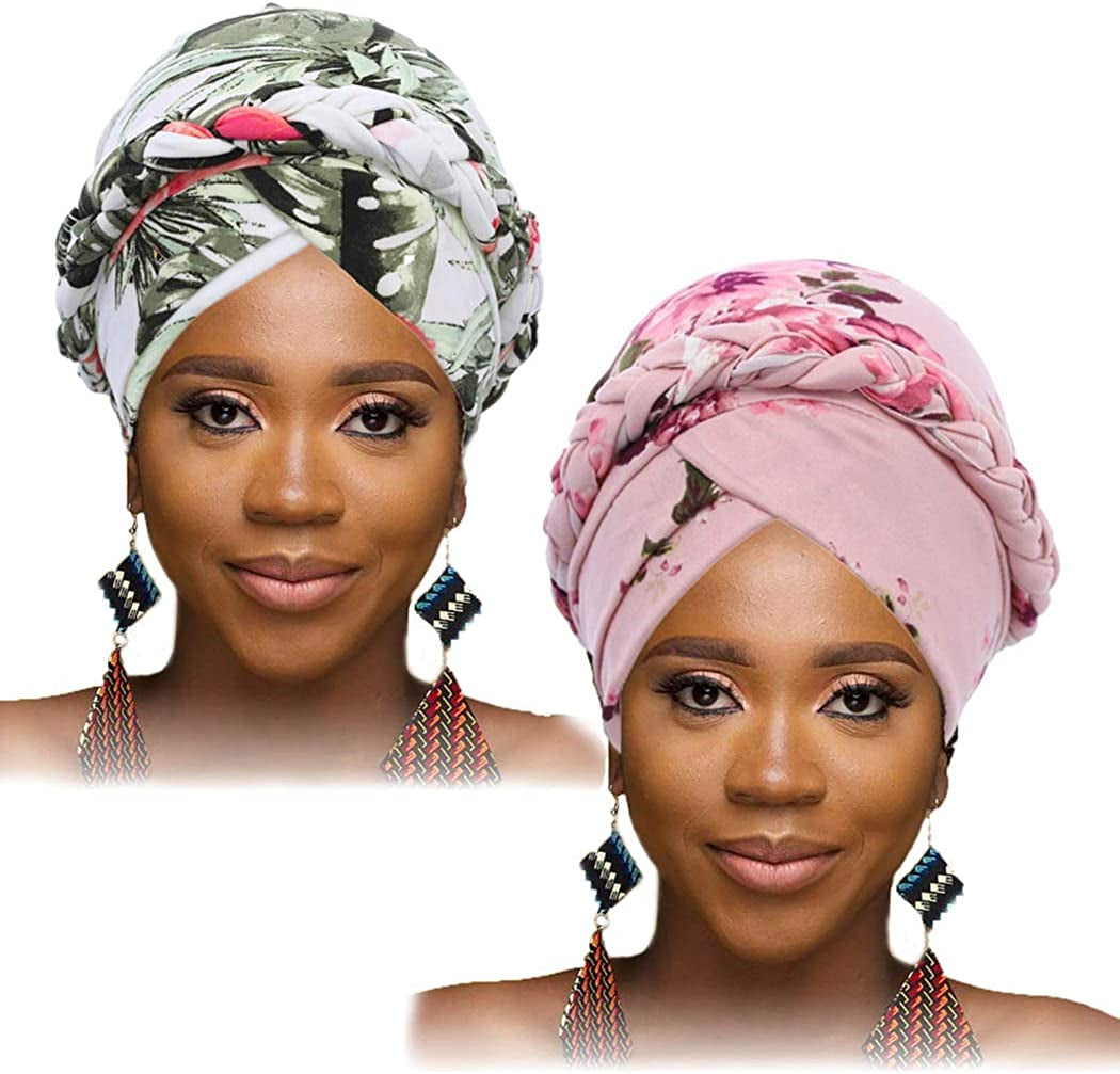 Woeoe African Turban Head Wrap Pink Pattern Head Scarf Soft Flower Print Head Cover Cap Headwear for Women and Girls(Pack of 2) Apparel & Accessories > Clothing Accessories > Headwear Woeoe   
