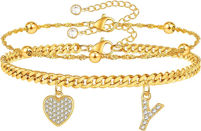 Gold Ankle Bracelets for Women 14K Gold Plated Heart Initial Cuban Link Anklets for Women Charm Gold Anklet for Women Summer Bracelets for Teen Girls Women Anklets Jewelry Apparel & Accessories > Jewelry > Anklets BRIJEWLIC Y  