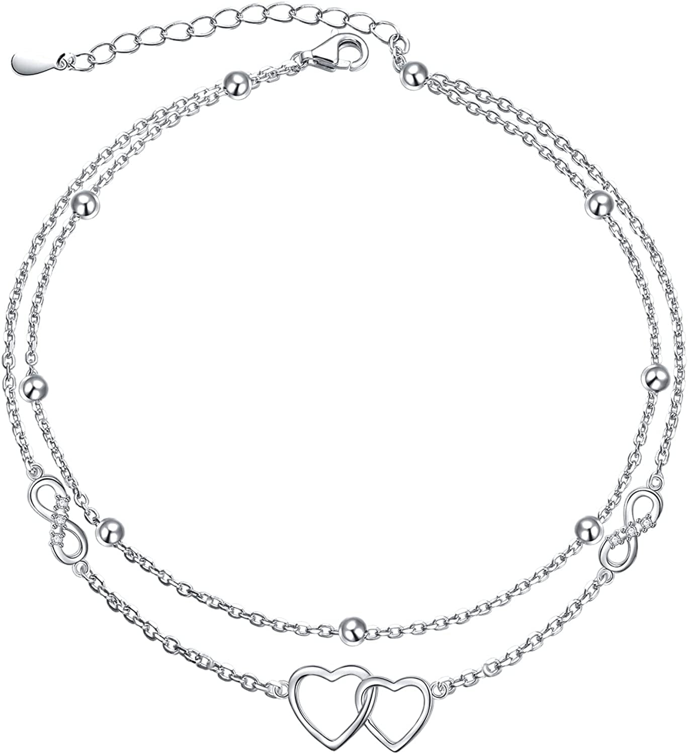 Flyow Anklet for Women S925 Sterling Silver Adjustable Foot Beaded Infinity/Heart/Angel Wing/Turtle Ankle Bracelet Anklets Jewelry Gift Apparel & Accessories > Jewelry > Anklets Silver Light Jewelry double heart infinity  