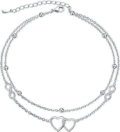 Flyow Anklet for Women S925 Sterling Silver Adjustable Foot Beaded Infinity/Heart/Angel Wing/Turtle Ankle Bracelet Anklets Jewelry Gift Apparel & Accessories > Jewelry > Anklets Silver Light Jewelry double heart infinity  