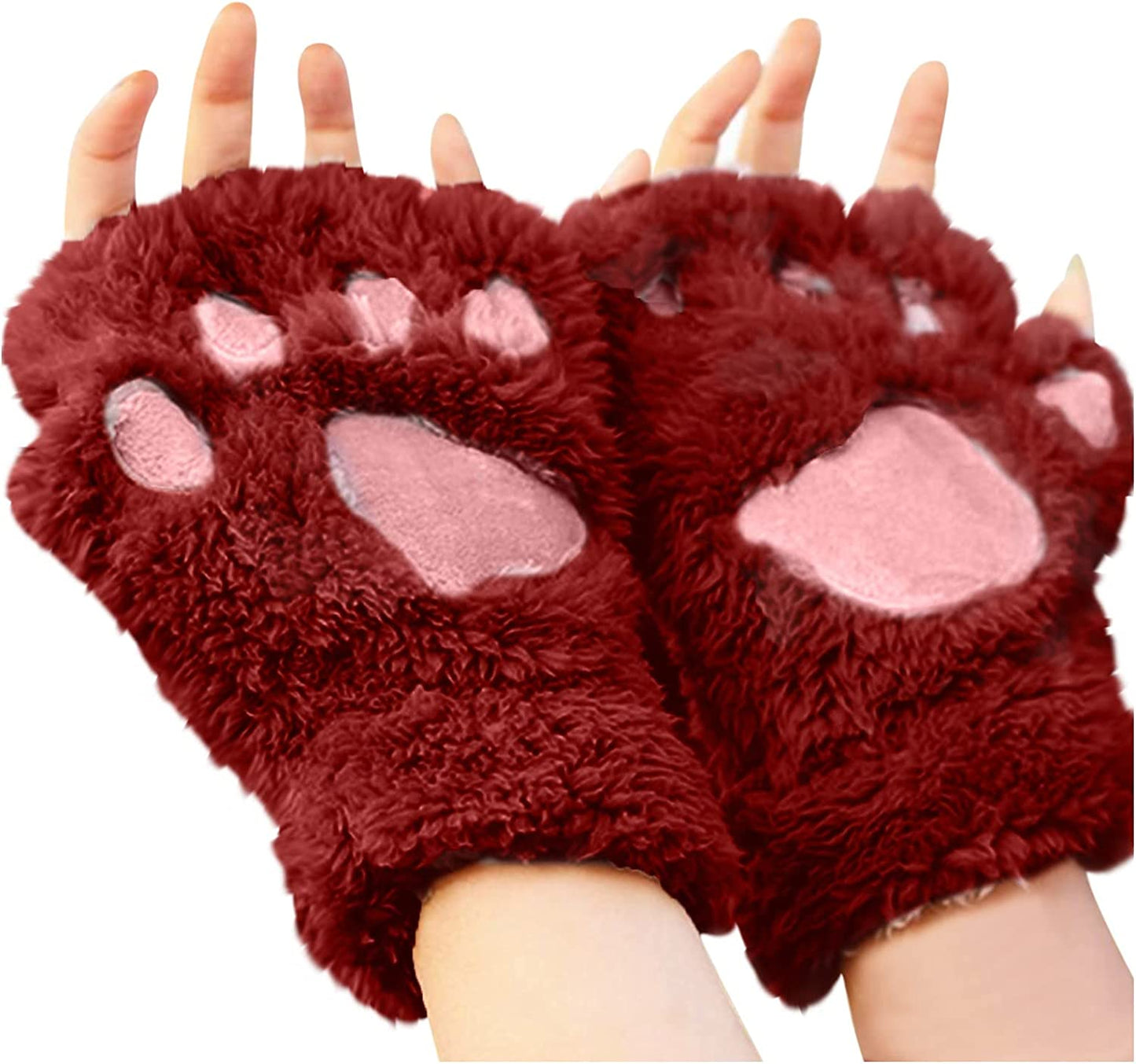 Cat Claw Bear Paw Fingerless Winter Plush Gloves 1Pair for Women Girls Fleece Plush Gloves Mittens Half Finger Gloves Cosplay Apparel & Accessories > Clothing Accessories > Gloves & Mittens JPLZi Wine One Size 