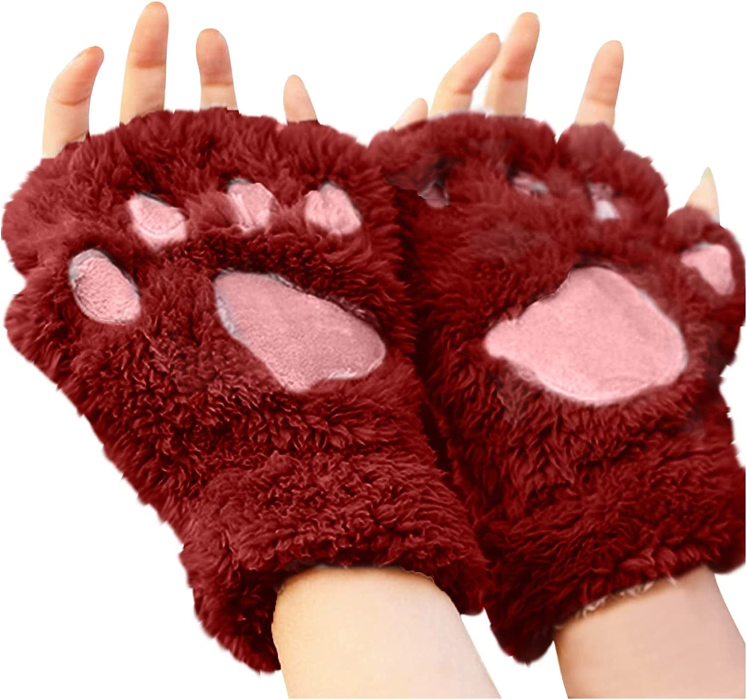Cat Claw Bear Paw Fingerless Winter Plush Gloves 1Pair for Women Girls Fleece Plush Gloves Mittens Half Finger Gloves Cosplay Apparel & Accessories > Clothing Accessories > Gloves & Mittens JPLZi Wine One Size 