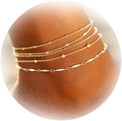 Five Layered Anklet Bracelets for Women Silver Gold Beaded Chain Anklet for Teen Girls Boho Multi-Layered Anklet Bracelets Beach Foot Chain Jewelry Jewelry Gifts Apparel & Accessories > Jewelry > Anklets Dcfywl731 Gold  