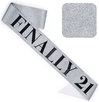 CORRURE 'Finally 21' Birthday Sash with Glitter - Silver Sash with Black Foil 21St Birthday Sash for Men and Women - Ideal Twenty One Sash Party Favors Supplies and Decorations for Your 21 Bday Party Apparel & Accessories > Clothing Accessories > Sashes CORRURE   