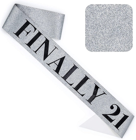 CORRURE 'Finally 21' Birthday Sash with Glitter - Silver Sash with Black Foil 21St Birthday Sash for Men and Women - Ideal Twenty One Sash Party Favors Supplies and Decorations for Your 21 Bday Party Apparel & Accessories > Clothing Accessories > Sashes CORRURE   
