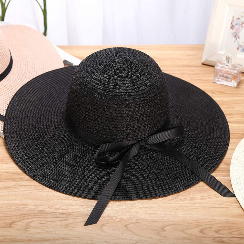 Sun Hats Floppy Foldable Bowknot Large Wide Brim Straw Women'S Hats Summer Beach Beach Cap UV Protection (Black) Apparel & Accessories > Clothing Accessories > Hats Chapter Seven   