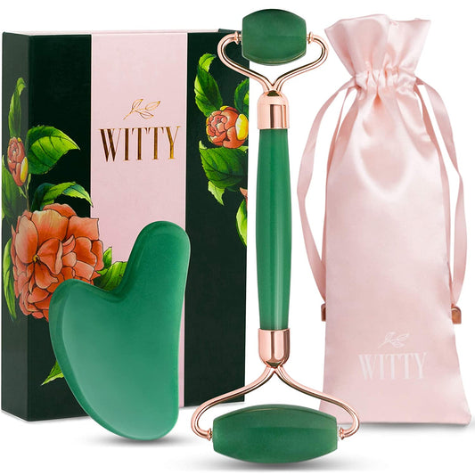 WITTY Jade Face Roller and Gua Sha Set in Hand-Drawn Giftbox - Gua Sha Stone, Face Massager Roller, Beauty Massage Face Scraper Tools - Guasha Tool for Face Roller Skin Care, Eyes, Neck - Extra Pouch Health & Beauty > Personal Care > Cosmetics > Cosmetic Tools > Skin Care Tools WITTY Green  