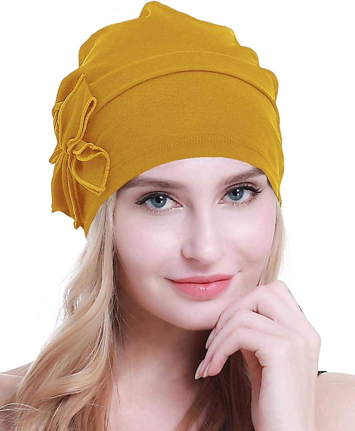 Osvyo Cotton Chemo Turbans Headwear Beanie Hat Cap for Women Cancer Patient Hairloss Apparel & Accessories > Clothing Accessories > Headwear osvyo Cotton M-yellow One Size 