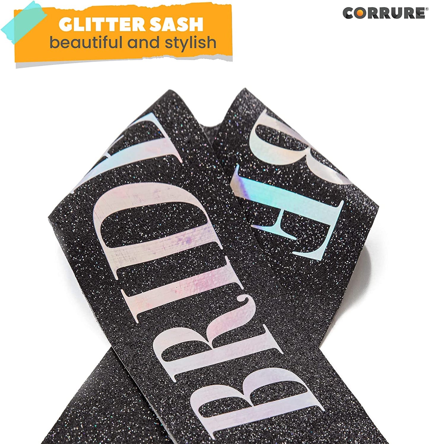 CORRURE 'Bride to Be' Sash for Bachelorette Party - Bridal Shower Black Glitter Sash with Multicolor Foil Lettering - Hen Party Decorations Supplies Accessories, Wedding Engagement Party Favors Gift Apparel & Accessories > Clothing Accessories > Sashes CORRURE   