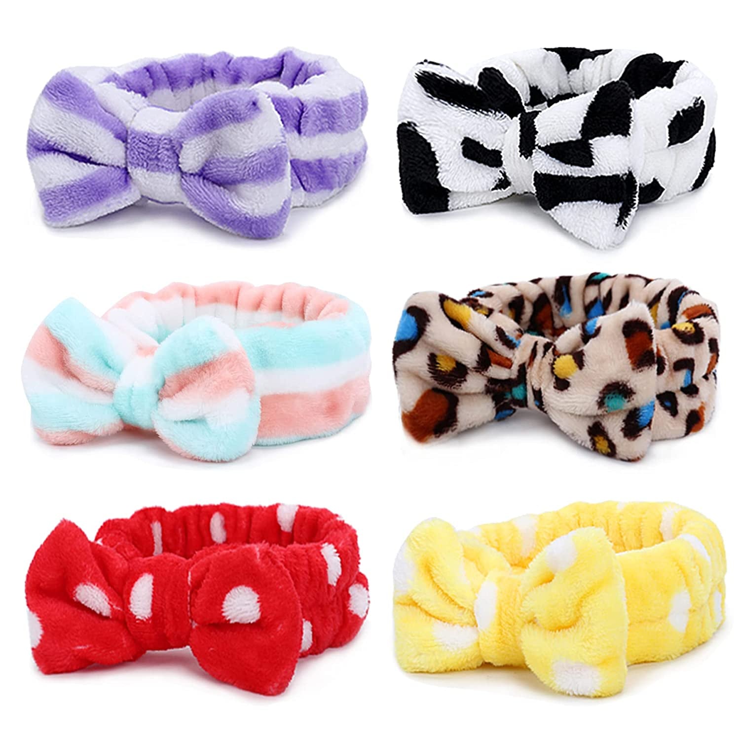 Spa Headband – 6 Pack Bow Hair Band Women Facial Makeup Head Band Soft Coral Fleece Head Wraps for Shower Washing Face Apparel & Accessories > Clothing Accessories > Bandanas & Headties LADES Multi-colored B  
