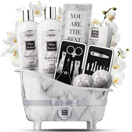 Spa Gifts for Women, Bath and Body Gift Set, White Orchid Self Care Gift Basket for Women, Men, Girlfriend, 20Pc Gifts for Mom, Spa Kit with Nail Kit, Bath Bombs & More - Birthday Personalized Gifts Health & Beauty > Personal Care > Cosmetics > Bath & Body LOVERY   