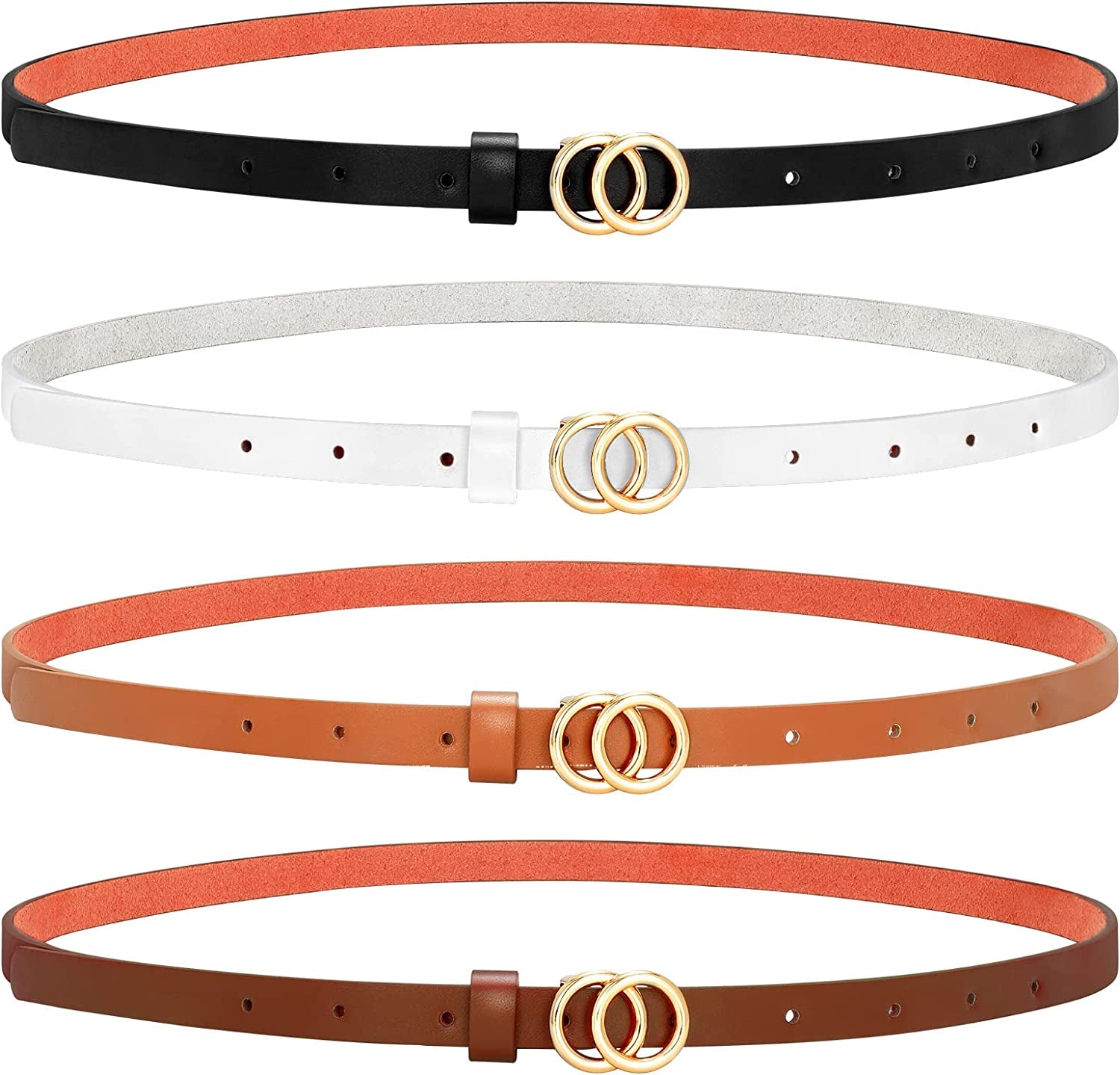 Set of 4 Womens Thin Belts SANSTHS Skinny Leather Belt with Gold Alloy Buckle Apparel & Accessories > Clothing Accessories > Belts SANSTHS D-set 1 XXL:Fits pants size 46"-49" 