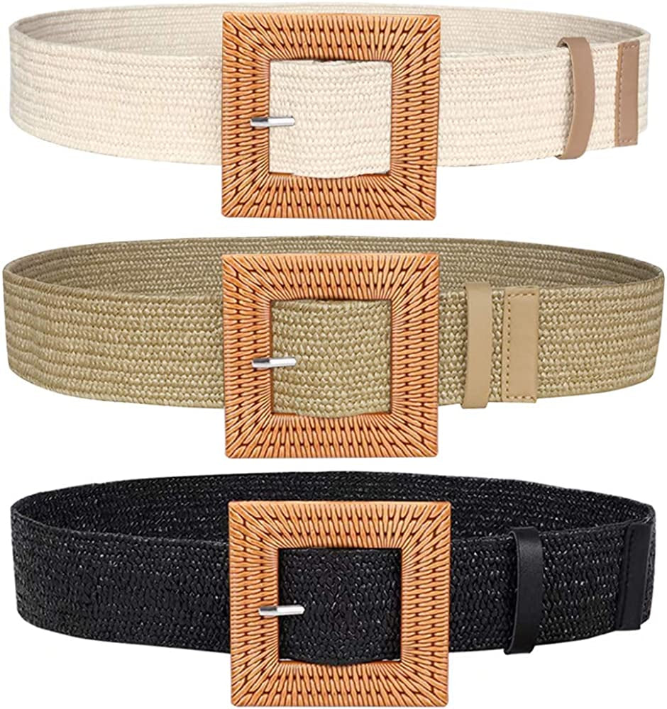 Women Skinny Dress Belt, Fashion Straw Woven Elastic Stretch Waist Band Wood Buckle Belt Apparel & Accessories > Clothing Accessories > Belts YUCFOREN 3 Pack- Black /Khaki /Sand Waist below 36" 