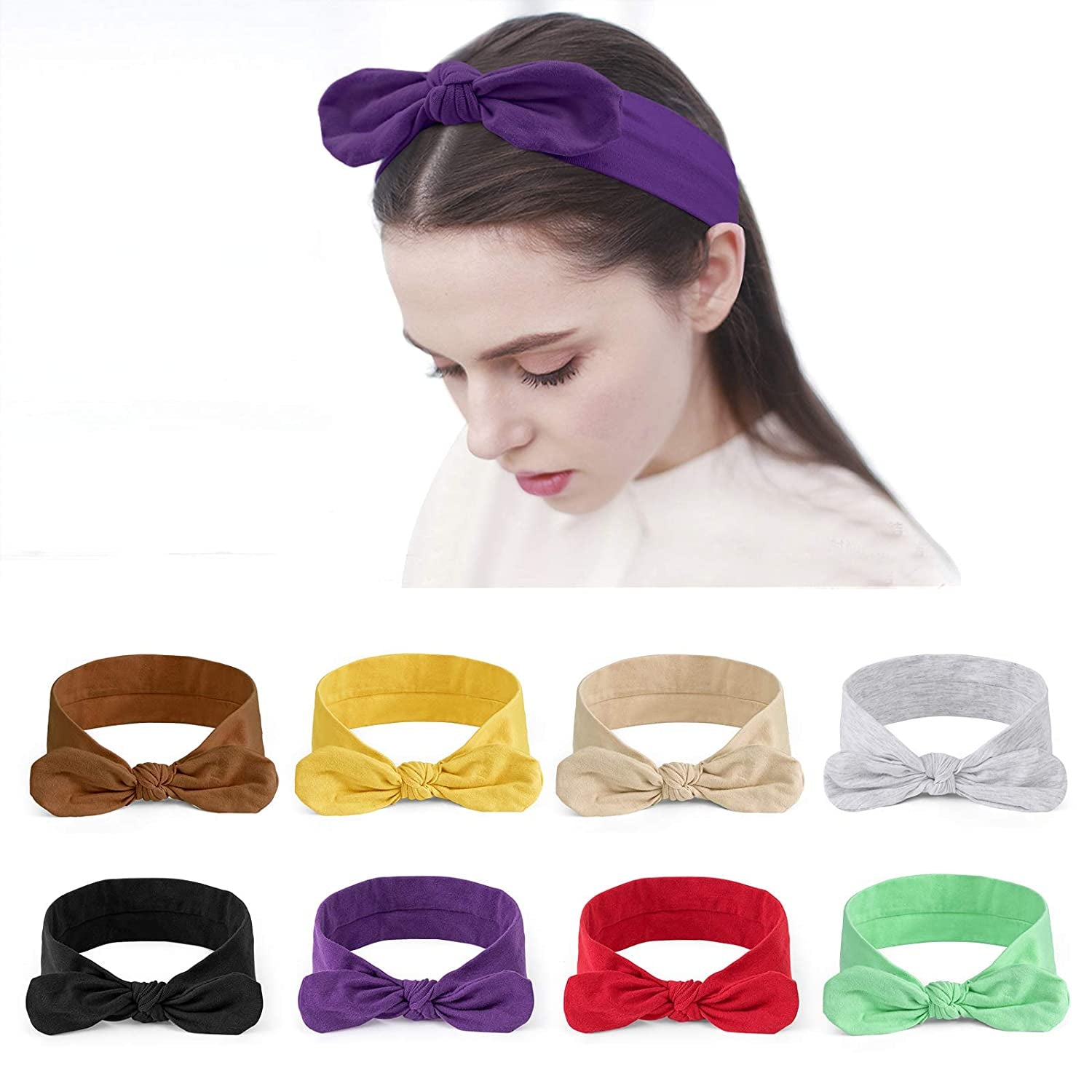 Habibee Women Headbands Hair Bands Turban Headwraps Hair Band Bows Accessories for Fashion or Sport 8 Pcs Headbands for Women Solid Color Apparel & Accessories > Clothing Accessories > Bandanas & Headties habibee Brown, Yellow, Skin color, Grey, Black, Purple, Red, Green  