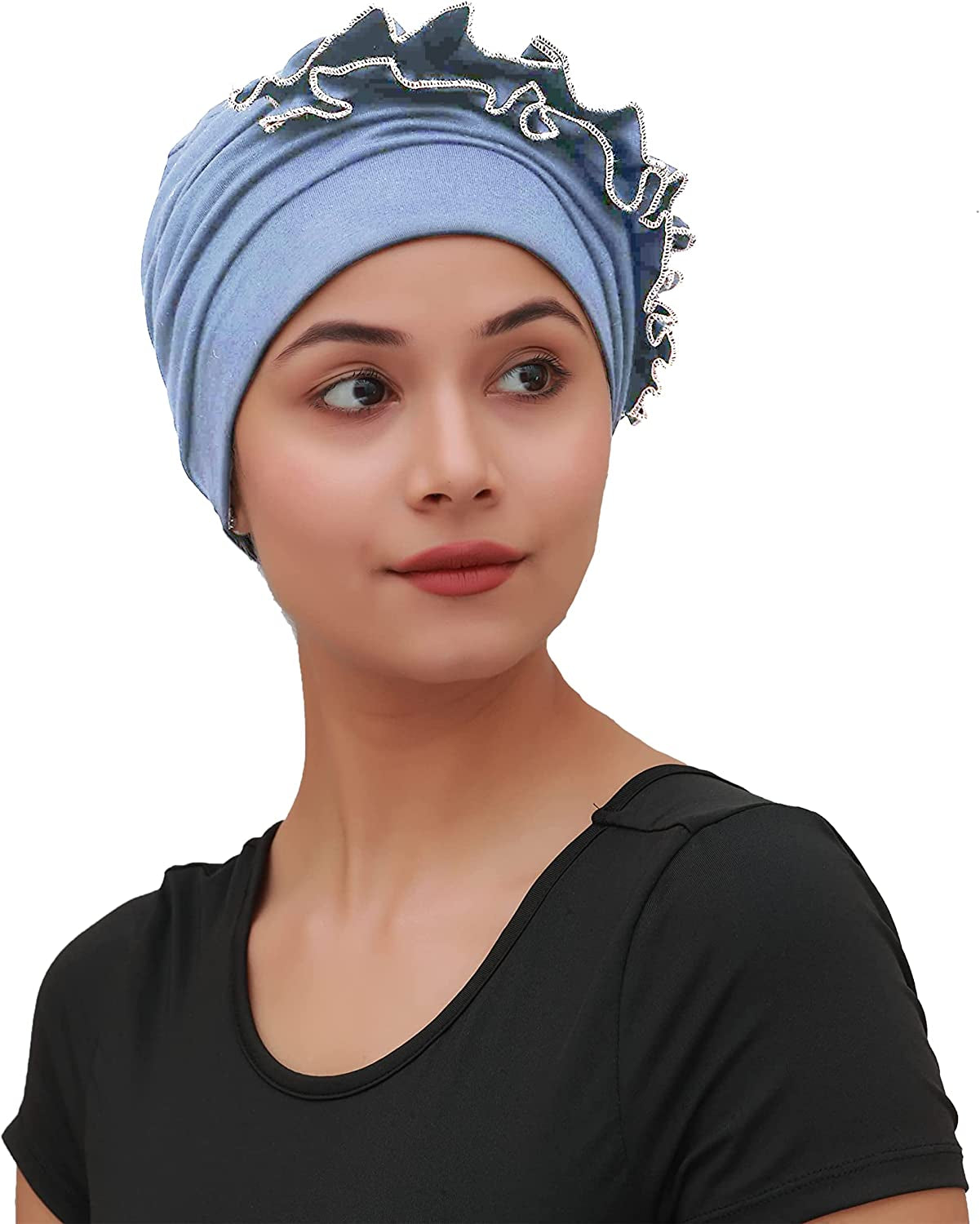 SAKUCHI Women Chemo 2 Piece Ruffle Cap & Band for Cancer Hair Loss Women Silky Soft Bamboo Headwear (2 Piece) Apparel & Accessories > Clothing Accessories > Headwear SAKUCHI Faded Denim  