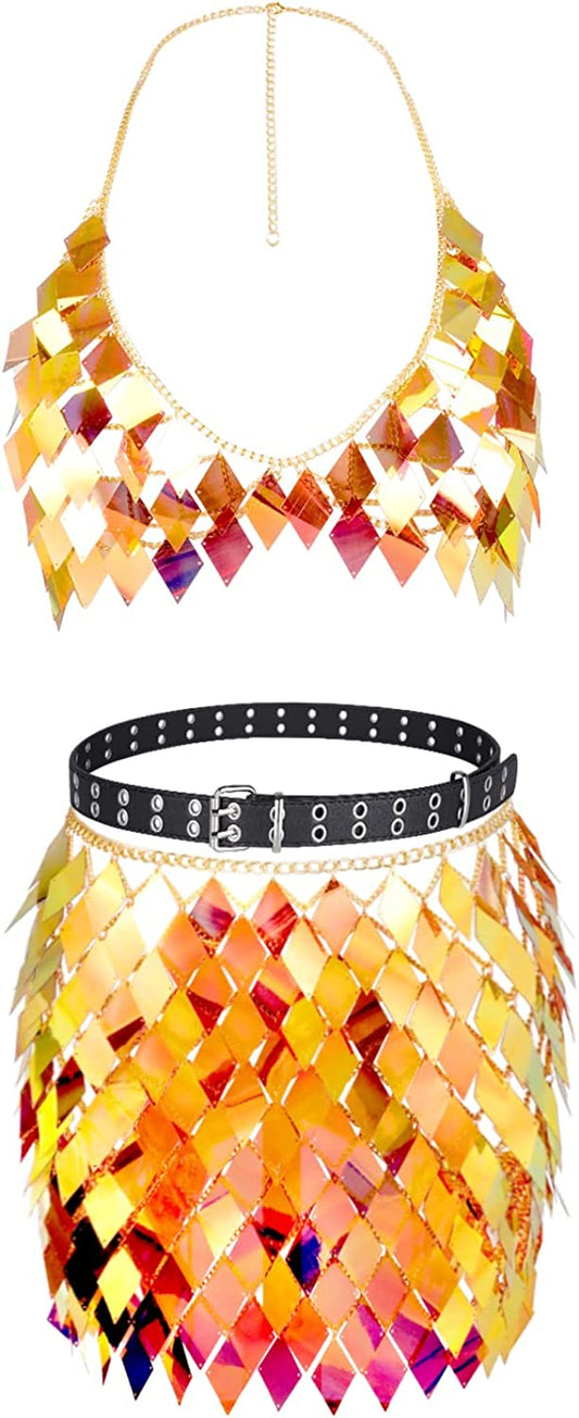 Sequins Tassels Body Chain Gold Bra Skirts Set Sexy Bikini Rave Festival Party Beach Fashion Accessories Jewelry for Women and Girls Apparel & Accessories > Jewelry > Body Jewelry DOTASI Gold  