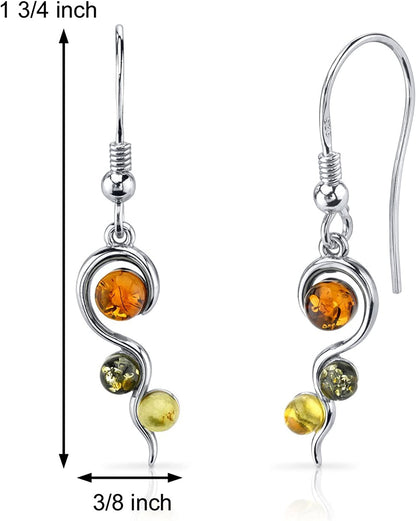 Peora Genuine Baltic Amber Pendant Necklace and Earrings in Sterling Silver, Three Stone Squiggle Rich Cognac, Honey and Olive Colors Apparel & Accessories > Jewelry > Earrings Peora   