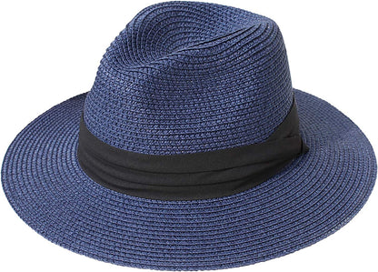 DRESHOW Women Straw Panama Hat Fedora Beach Sun Hat Wide Brim Straw Roll up Hat UPF 50+ Apparel & Accessories > Clothing Accessories > Hats DRESHOW Fedora Navy a  