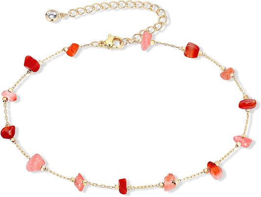 KAERUN Ankle Bracelets for Women Teen Girls Colorful Adjustable Natural Crystal 14K Gold Plated Cute Anklets Summer Beach Foot Chain Jewelry Apparel & Accessories > Jewelry > Anklets KAERUN Red Agate  