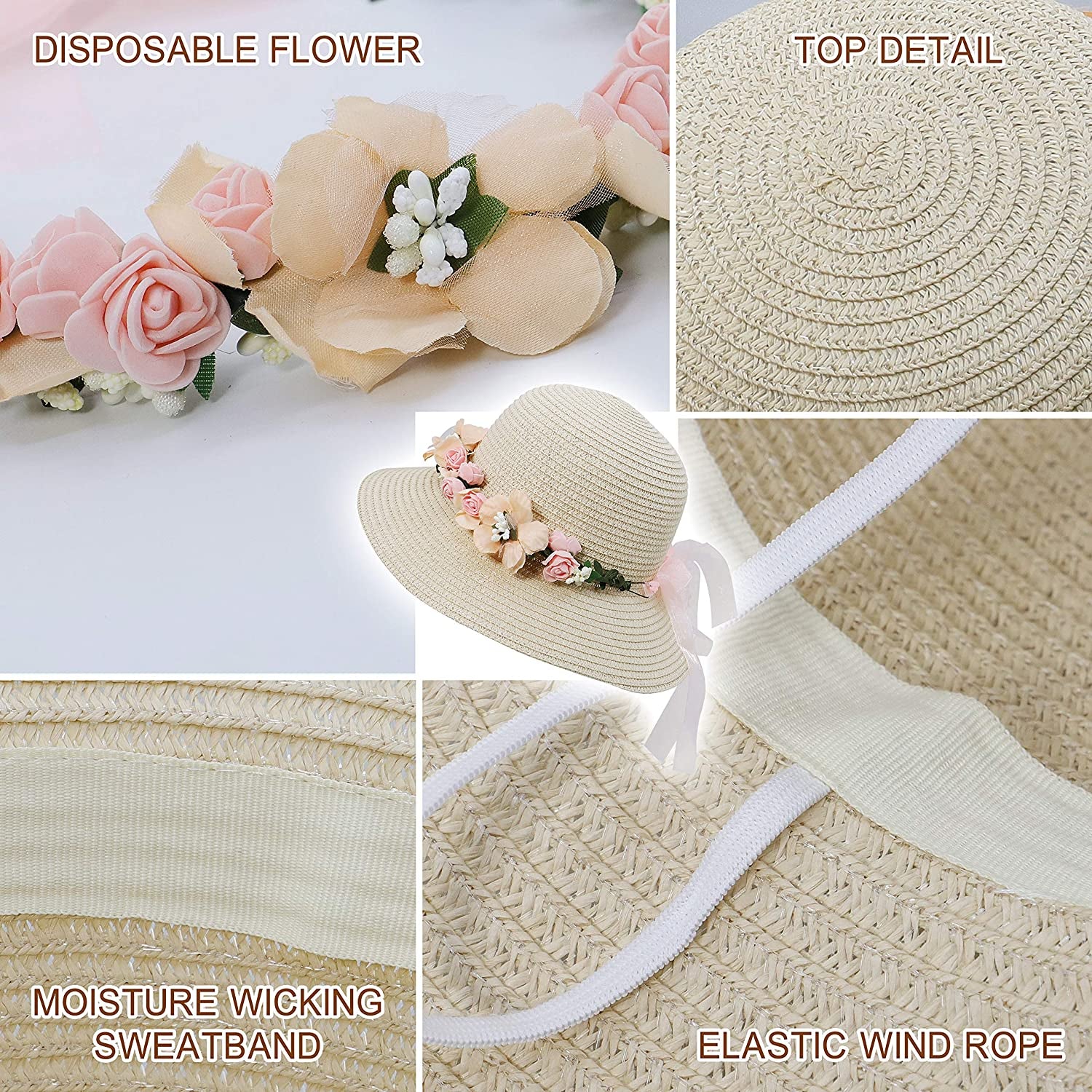 Lovful Fashion Flower Lace Ribbon Wide Brim Caps Summer Beach Sun Protective Hat Straw Hats for Women Apparel & Accessories > Clothing Accessories > Hats KYLIE MAX   