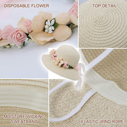 Lovful Fashion Flower Lace Ribbon Wide Brim Caps Summer Beach Sun Protective Hat Straw Hats for Women Apparel & Accessories > Clothing Accessories > Hats KYLIE MAX   
