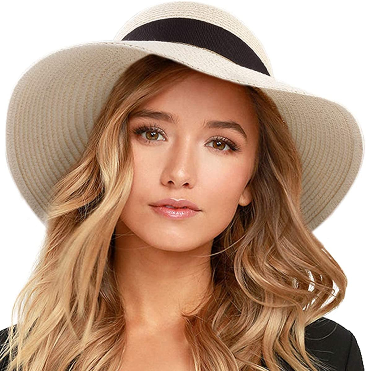 FURTALK Womens Beach Sun Straw Hat UV UPF50 Travel Foldable Brim Summer UV Hat Apparel & Accessories > Clothing Accessories > Hats KYLIE MAX Pure Beige Large 