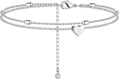 Moodear Silver Ankle Bracelets for Women, Sterling Silver Initial Anklet Layered Dainty Tiny Heart Charm Handmade Carved Alphabet A-Z Letter Ankle Bracelet Beaded Foot Chain Personalized Name Anklets Summer Cute Boho Beach Gift for Her Apparel & Accessories > Jewelry > Anklets Moodear Sterling Silver-P  