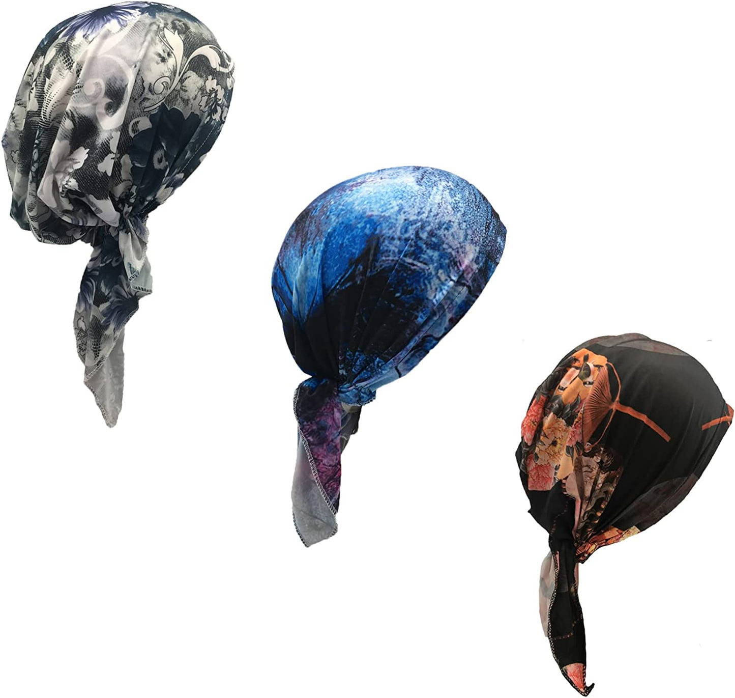 Pre Tied Chemo Head Scarf 3 Packed Beanie Skull Cover Cap for Women (Set6-Long Style) Apparel & Accessories > Clothing Accessories > Bandanas & Headties Qovelly A9-3 Packed  
