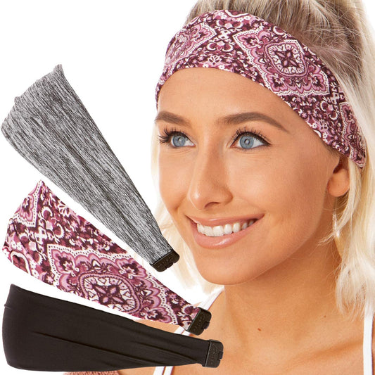 Hipsy Adjustable & Stretchy Printed Xflex Wide Headbands for Women Girls & Teens Apparel & Accessories > Clothing Accessories > Bandanas & Headties Hipsy Black/Pink Bandana/Grey Xflex 3pk  