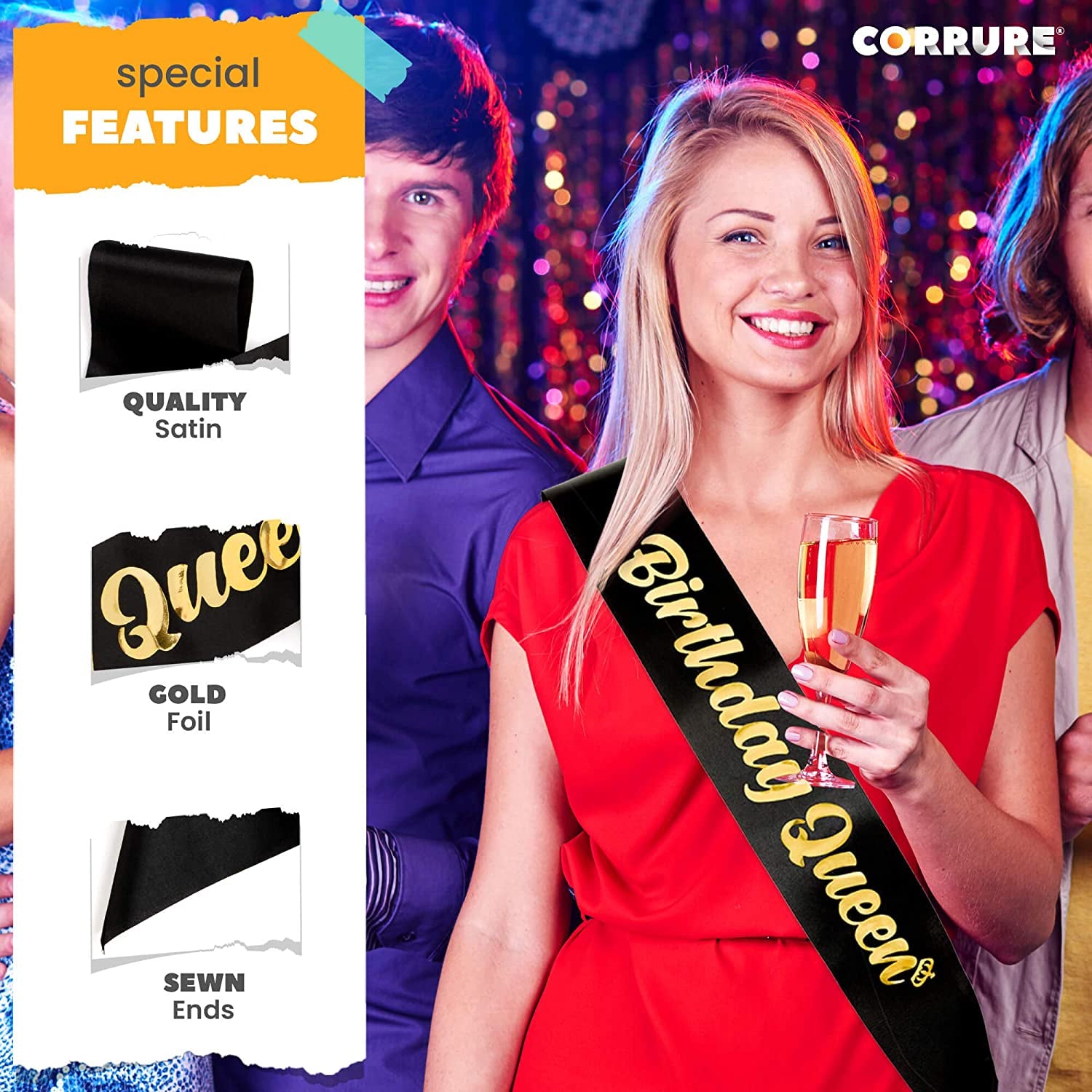 CORRURE 'Birthday Queen' Sash with Gold Foil - Soft Satin Black Sash for Women - Happy Birthday Sash for Girls, Sweet 16, 18Th 21St 25Th 30Th 40Th 50Th or Any Other Bday Party Apparel & Accessories > Clothing Accessories > Sashes CORRURE   