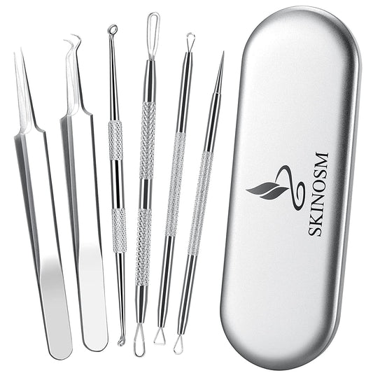 Blackhead Remover Pimple Popper Tool Kit, 6-In-1 Blackhead Comedone Acne Blemish Pimple Extractor Tool Kit Tweezers Kit Skin Care Tools for Face Health & Beauty > Personal Care > Cosmetics > Cosmetic Tools > Skin Care Tools SKINOSM   