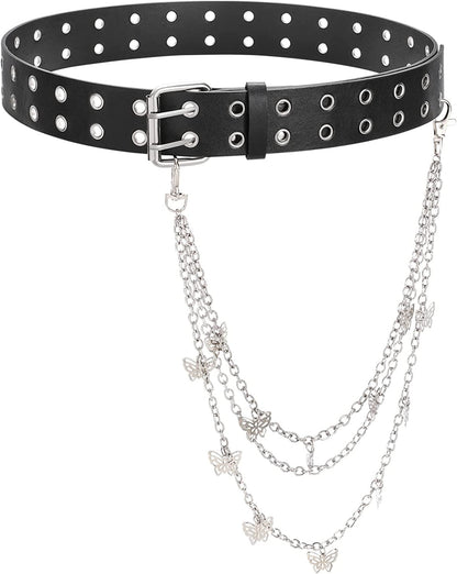 Double Grommet PU Leather Belt for Women/Men Punk Metal Jean Belt Wide 1.5 Inch Apparel & Accessories > Clothing Accessories > Belts XZQTIVE 03 Black With Chain Fit Pants 22-35inch 