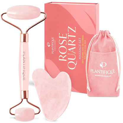 Premium Certified Jade Roller Gift and Gua Sha Set - Includes anti Aging Face Roller and Gua Sha Facial Tool - Face Massager for Your Skincare Routine by Plantifique Health & Beauty > Personal Care > Cosmetics > Cosmetic Tools > Skin Care Tools PLANTIFIQUE Rose Quartz Gua Sha and Roller  