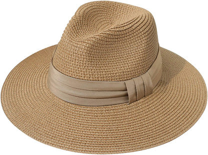 Lanzom Women Wide Brim Straw Panama Roll up Hat Belt Buckle Fedora Beach Sun Hat UPF50+ Apparel & Accessories > Clothing Accessories > Hats Lanzom B-brown One Size 