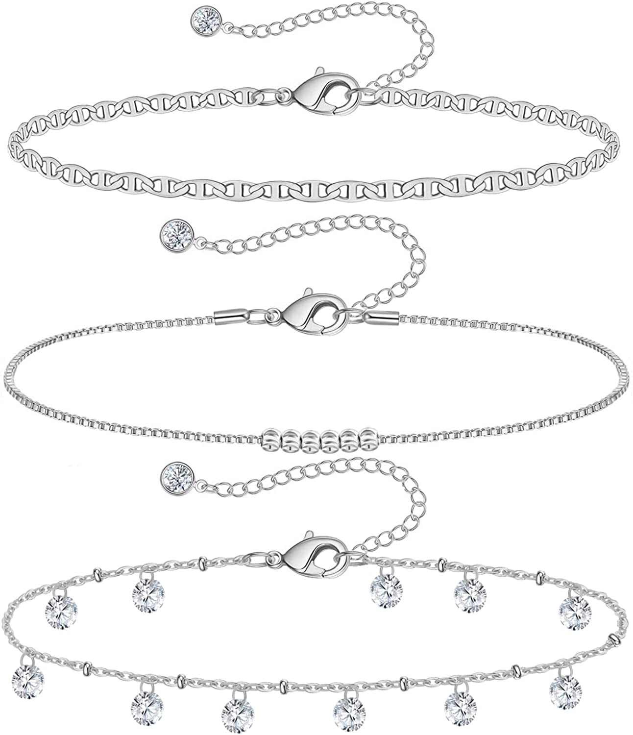 Gold Ankle Bracelets for Women 14K Gold Plated Anklet Silver Rose Gold Evil Eye Tennis Crystal Cubic Zirconia Faux Diamond Rhinestone Anklet Dainty Layered Anklet Set 3Pcs Apparel & Accessories > Jewelry > Anklets Vermeyen E-White Gold Flat Mariner  