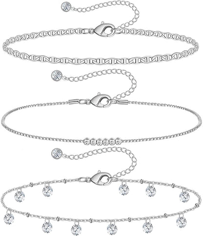 Gold Ankle Bracelets for Women 14K Gold Plated Anklet Silver Rose Gold Evil Eye Tennis Crystal Cubic Zirconia Faux Diamond Rhinestone Anklet Dainty Layered Anklet Set 3Pcs Apparel & Accessories > Jewelry > Anklets Vermeyen E-White Gold Flat Mariner  