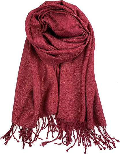 Plum Feathers Premium Solid Color and Metallic Fashion Scarf, Womens Pashmina Shawl Wrap with Fringes Apparel & Accessories > Clothing Accessories > Scarves & Shawls Plum Feathers Metallic Burgundy  