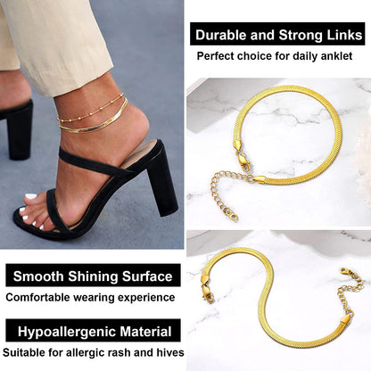 FOCALOOK 18K Gold Plated Flat Snake Chain Link Dainty Ankle Bracelets for Women, Boho Summer Beach Anklet Adjustable Foot Jewelry (4 Colors) Apparel & Accessories > Jewelry > Anklets FOCALOOK JEWELRY   