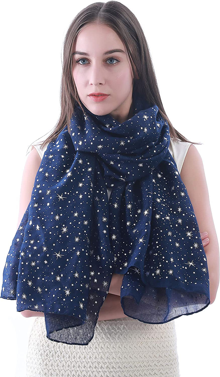 Lina & Lily Silver Gold Glitters Shimmer Foil Stars Women Scarf Shawl Wrap Apparel & Accessories > Clothing Accessories > Scarves & Shawls Lina & Lily Navy Blue (Silver Stars)  