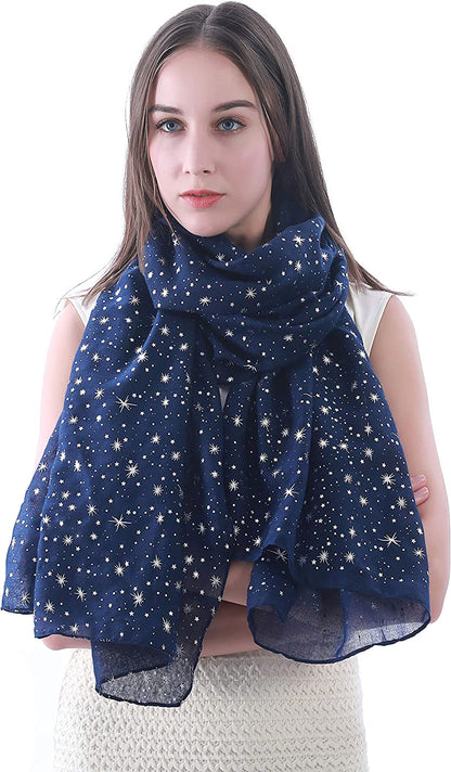 Lina & Lily Silver Gold Glitters Shimmer Foil Stars Women Scarf Shawl Wrap Apparel & Accessories > Clothing Accessories > Scarves & Shawls Lina & Lily Navy Blue (Silver Stars)  