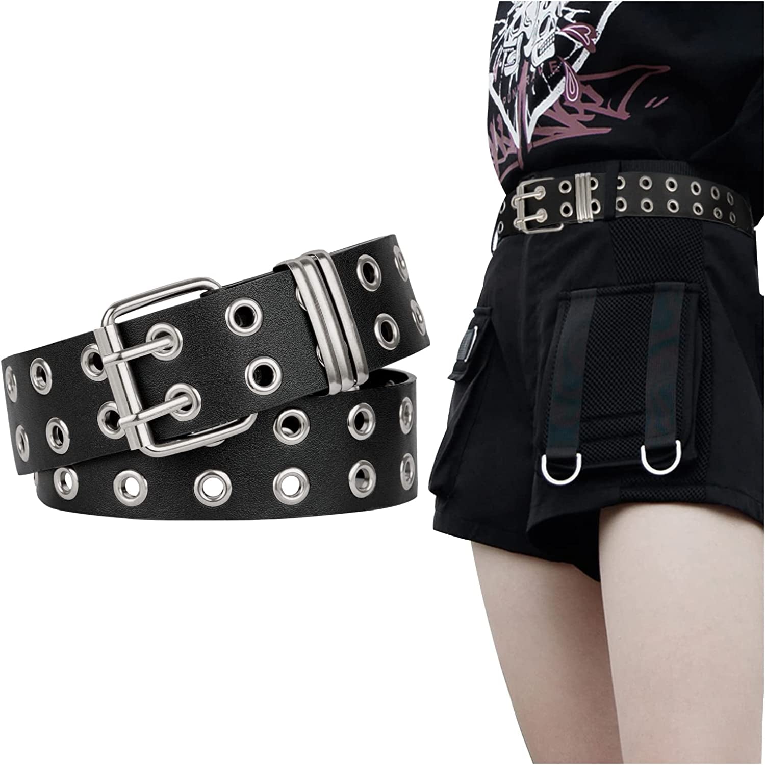 FIORETTO Grommet Leather Belt with Detachable Chain Women Men Punk Rock Waist Belts for Jeans Pants Apparel & Accessories > Clothing Accessories > Belts FIORETTO Double Grommet(black-silver) One Size 