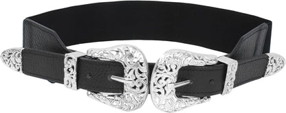 CLARA Women Vintage Western Waist Belt Double Buckle Belt PU Leather Waistband for Jeans Dress Apparel & Accessories > Clothing Accessories > Belts CLARA Zz-silver  