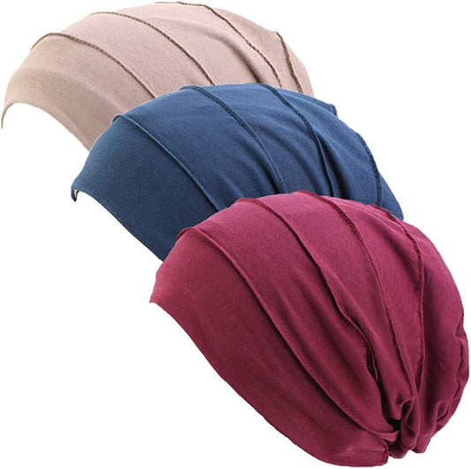 Ever Fairy 3 Colors Chemo Cancer Head Scarf Hat Cap Ethnic Cloth Print Turban Headwear Women Women'S Ruffle Beanie Scarf (Navy+Khaki+Wine) Apparel & Accessories > Clothing Accessories > Headwear Ever Fairy   