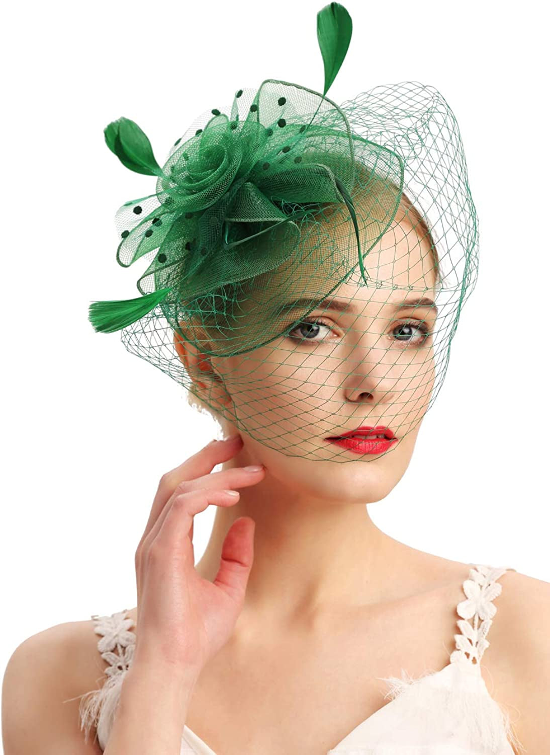 Fascinators Hats 20S 50S Hat Pillbox Hat Cocktail Tea Party Headwear with Veil for Girls and Women Apparel & Accessories > Clothing Accessories > Headwear Cizoe D-green  