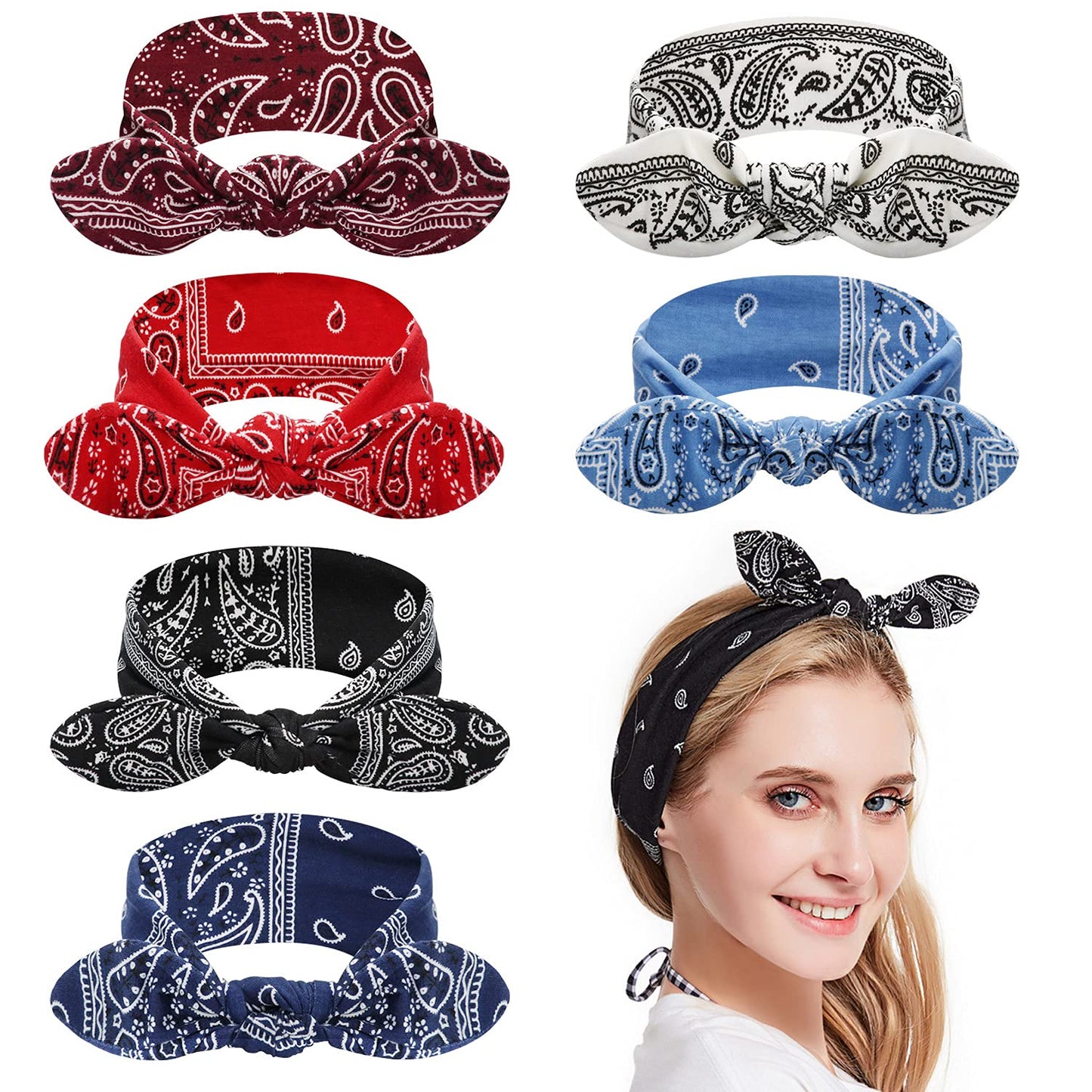 DRESHOW Twist Bow Wire Headbands Vintage Head Wrap Rabbit Ear Wired Hairbands Hair Holder Hair Accessory for Women and Girls 6 Pack Apparel & Accessories > Clothing Accessories > Bandanas & Headties DRESHOW 6 Pack Rabbit Ears Paisley A  