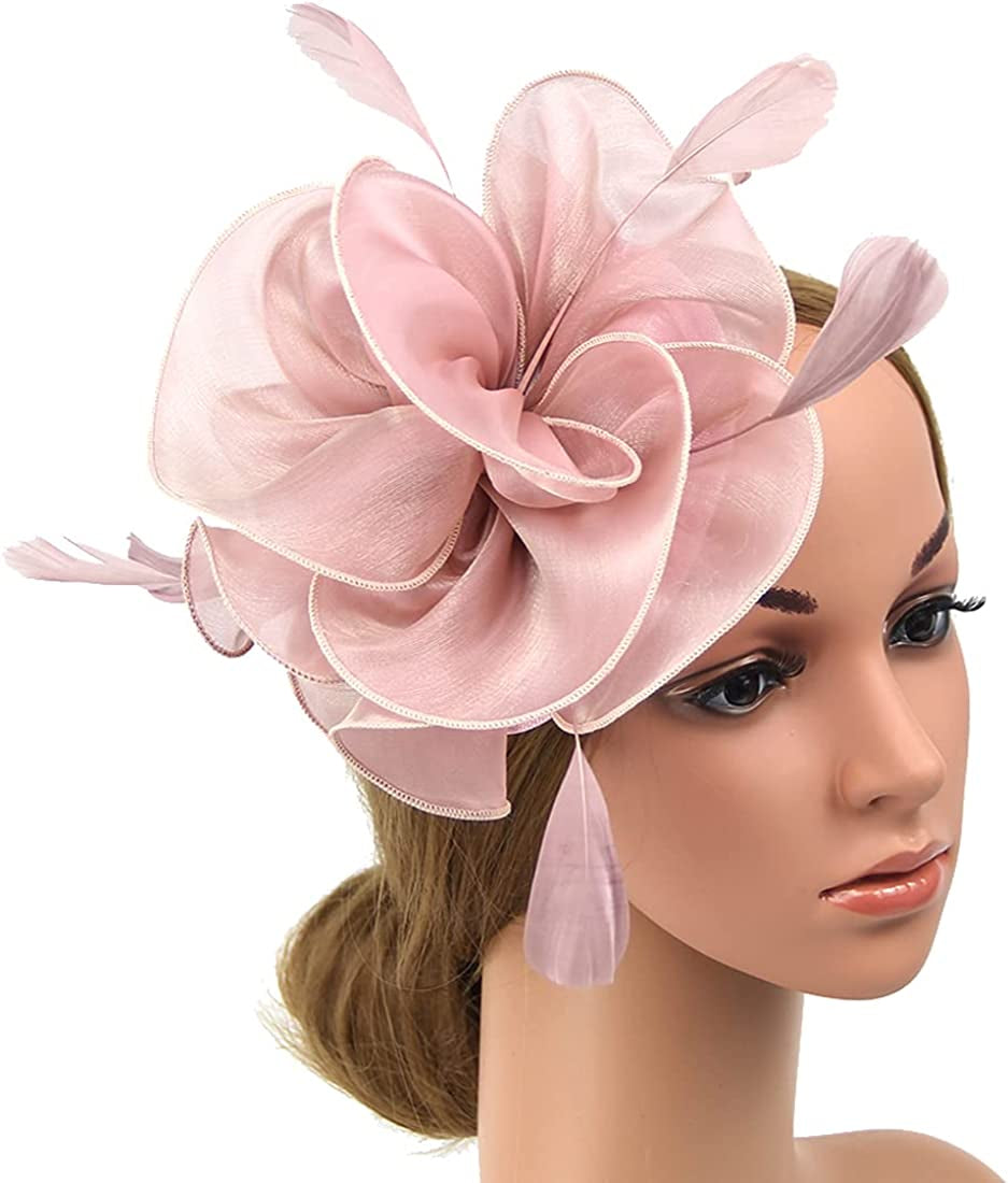 Women Flower Fascinator Hat Wedding Bridal Fascinators Tea Party Hat Feather Fascinator Headband Headwear for Evening Church Apparel & Accessories > Clothing Accessories > Headwear STbest Apricot  