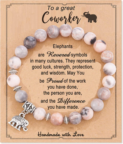 HGDEER Farewell Gifts, Natural Stone Lucky Elephant Bracelets Goodbye Retirement Gifts for Women Men Apparel & Accessories > Jewelry > Bracelets HGDEER Coworker-Pink  