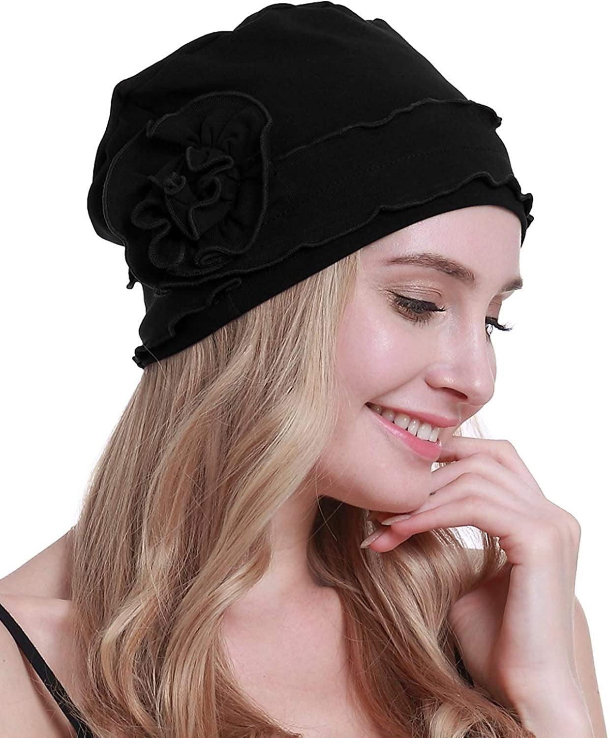 Osvyo Chemo Headwear Turban Cap for Women - Cancer Beanie Hair Loss Sealed Packaging Apparel & Accessories > Clothing Accessories > Headwear osvyo Cotton Black One Size 